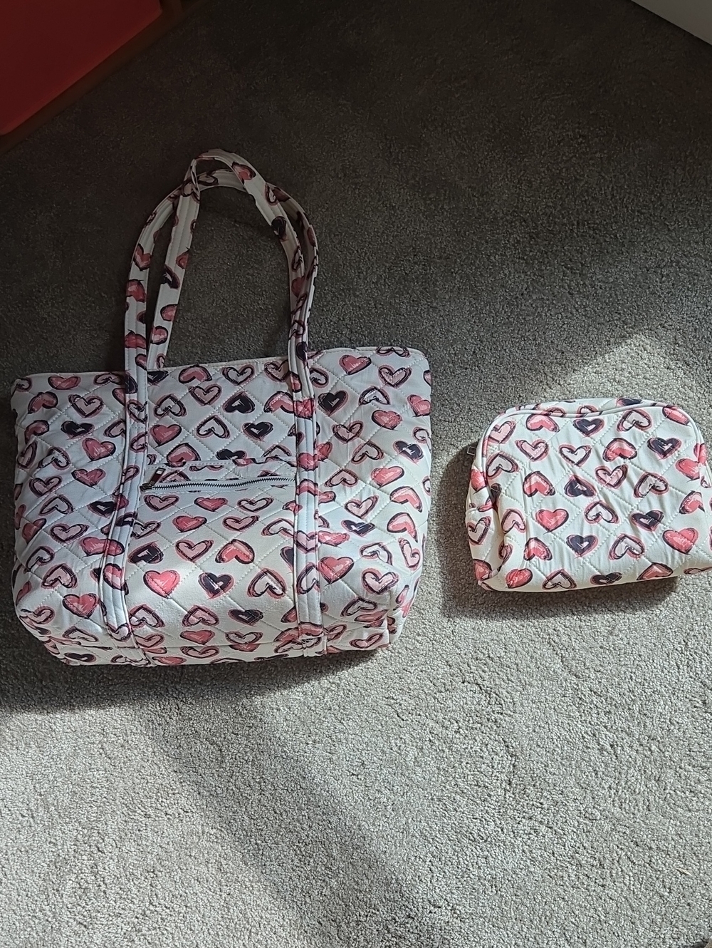 Woman Within Pink & White Quilted Heart Tote Bag with Cosmetic Pouch